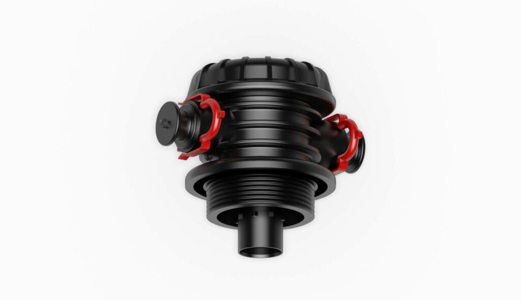 Schwarzes Filterelement mit zwei roten Verschlüssen und einem Anschlussrohr.