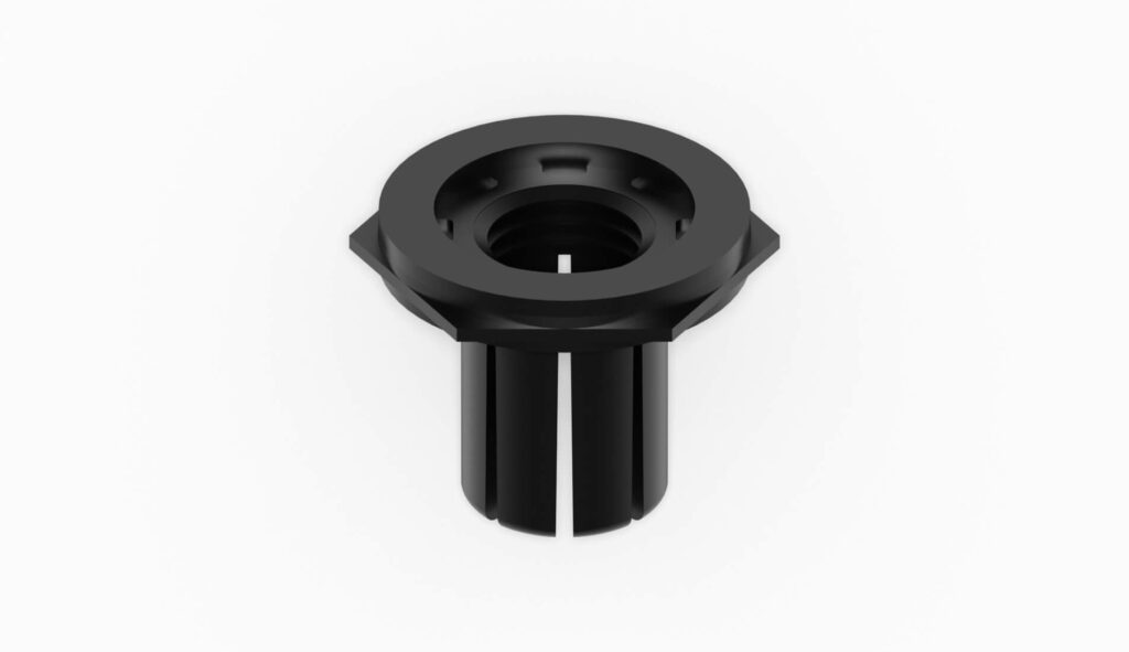 Schwarze Filterdüse mit einem zentralen Gewinde und mehreren Öffnungen für die Wasserableitung.