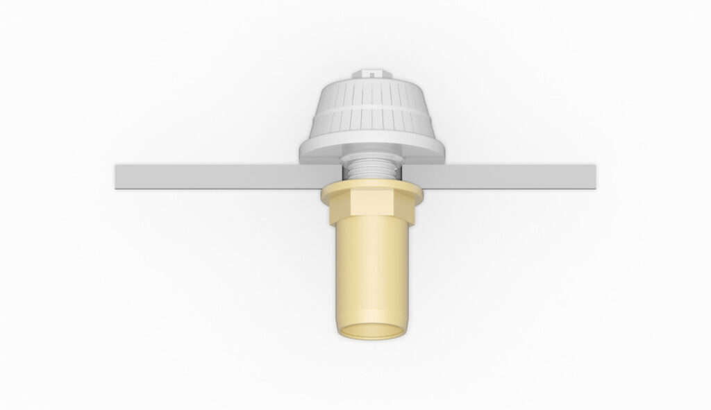 Montierte GVU M24 O2 Filterdüse mit einem gelben Anschluss und einem weißen Oberteil.