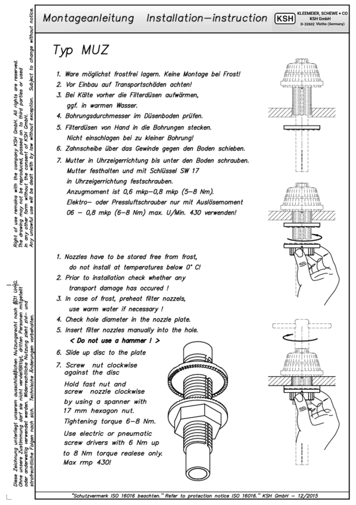 Montageanleitung mit Anweisungen zur Installation von Filterdüsen und Drainagesystemen von KSH GmbH.