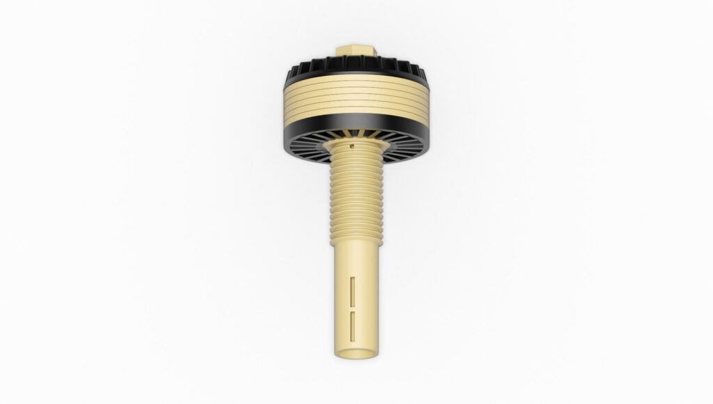 Filterdüse mit schwarzem und goldenem Design, ausgestattet mit Gewinde und mehreren Öffnungen für die Wasserabgabe.