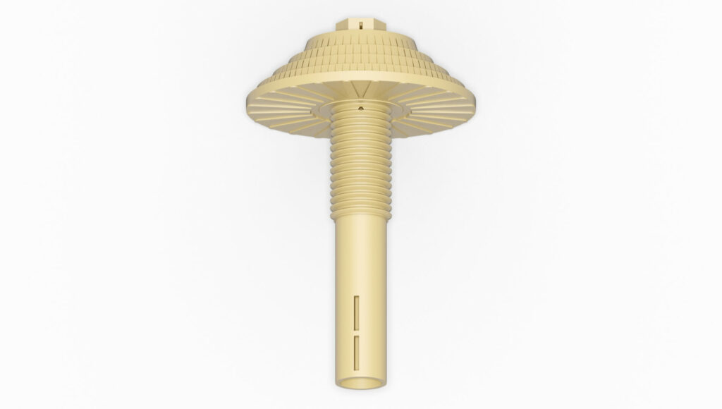 Filterdüse mit einem gewindeförmigen Körper und einer lamellenartigen Struktur in hellem Farbton.