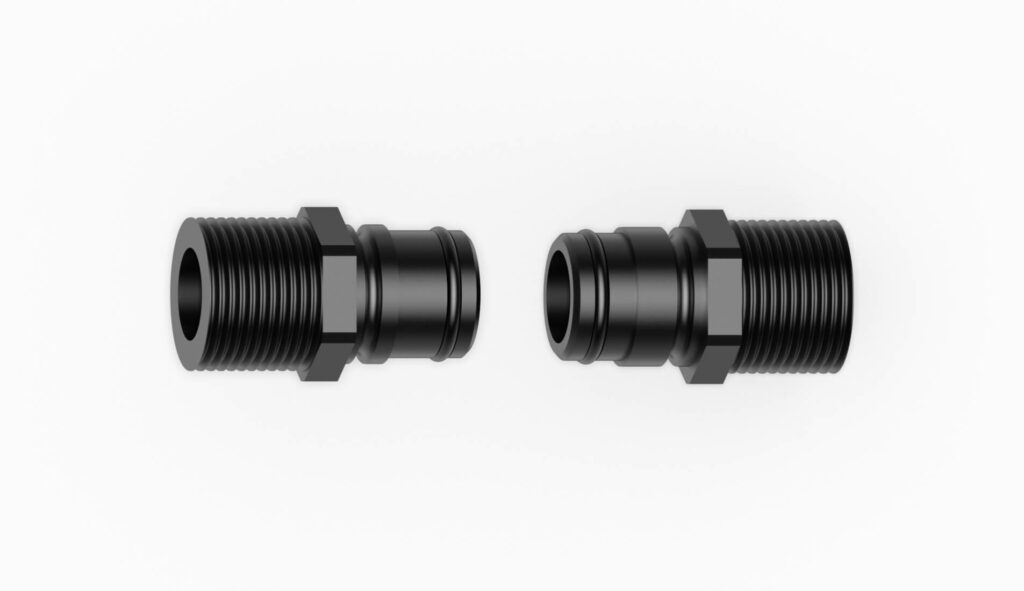 Zwei schwarze Gewindeverbindungen mit unterschiedlichen Anschlussgrößen für Rohrsysteme.