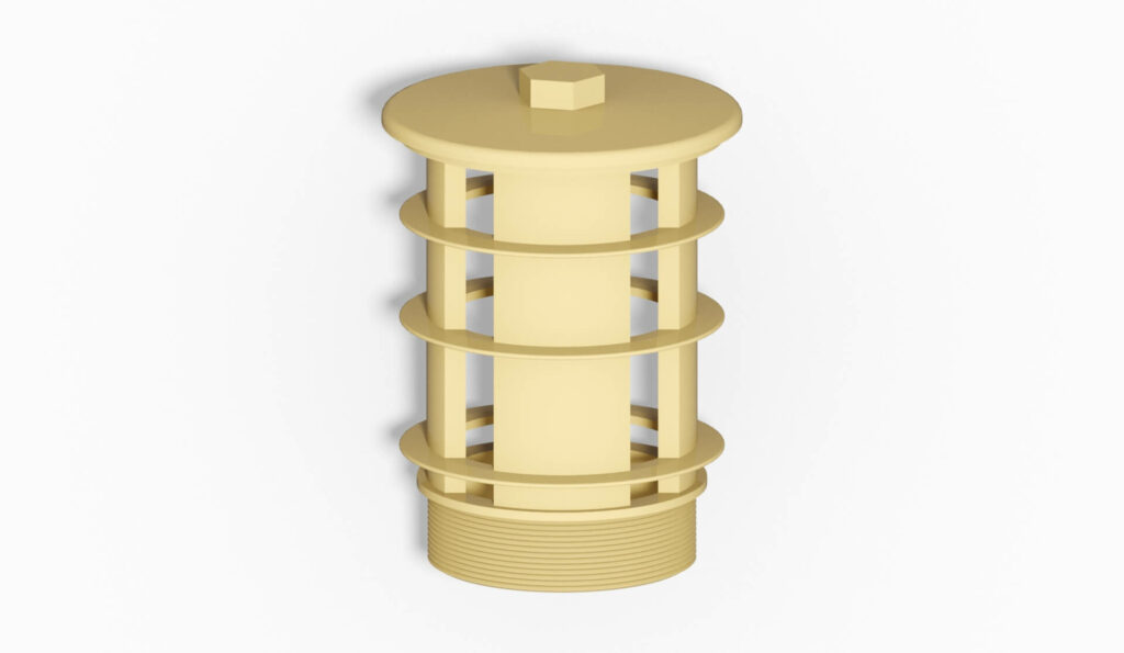 Gelbe Filterdüse mit mehreren Rillen und einem gewindeförmigen Anschluss an der Unterseite.