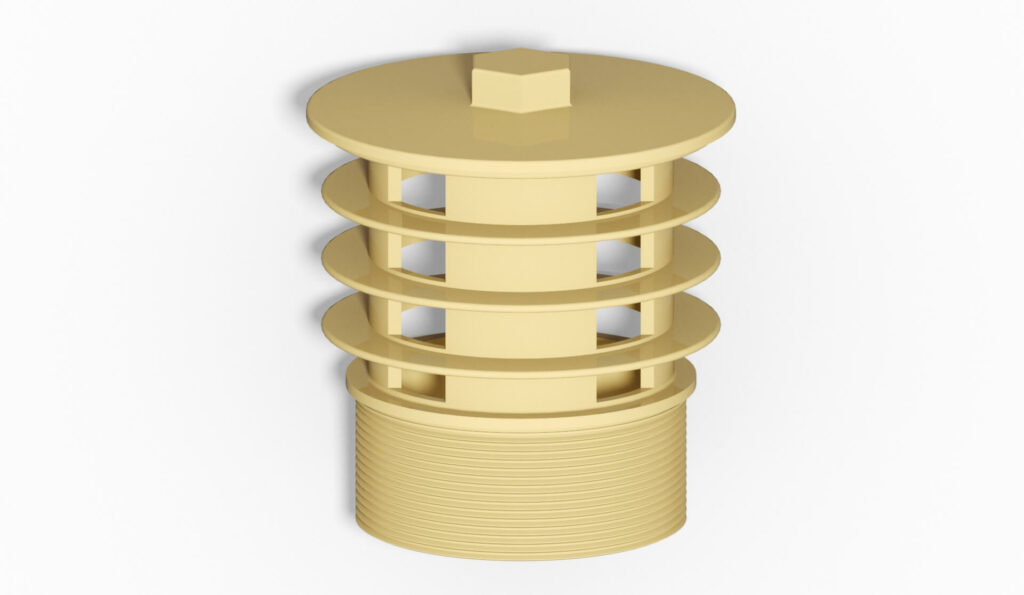 Gelbe Filterdüse mit runden Schichten und einem sechseckigen Kopf, geeignet für verschiedene Anwendungen.