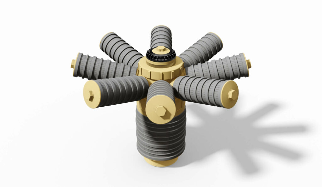 Technische Filterdüse mit mehreren Auslässen in gelb und grau auf weißem Hintergrund.