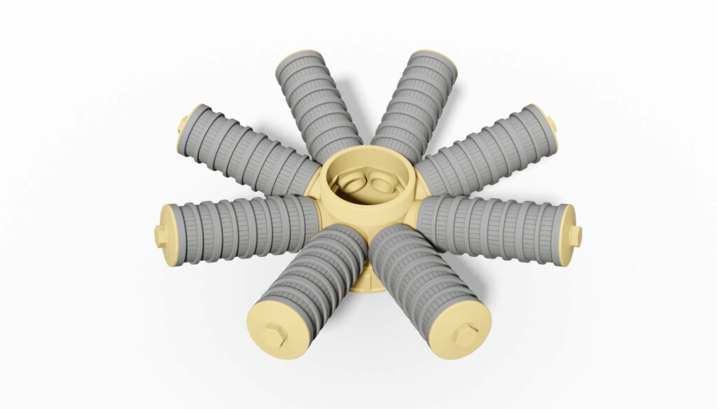 Technische Darstellung einer Filterdüse mit mehreren zylindrischen Auslässen in einem kreisförmigen Design.