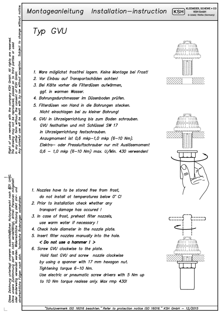 Montageanleitung für den Typ GVU mit detaillierten Installationshinweisen und Diagrammen.