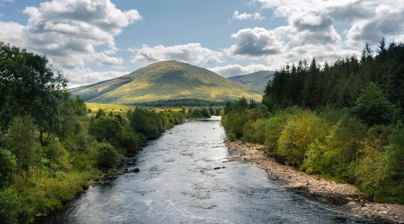 Ein Fluss fließt durch eine grüne Landschaft mit Bergen und Bäumen im Hintergrund.